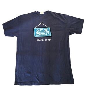 Life Is Crap “OUT OF BEER” Tee T-Shirt Sz. XXL Blue Cotton Crew Neck SS Mens